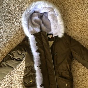 Excellent condition Khaki Crewcuts Coat w/ Lavender fur trim.  Size 12